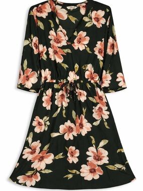 Hint of Blush Floral Dress Green Peach V-Neck Tie Waist Above Knee Boho Casual